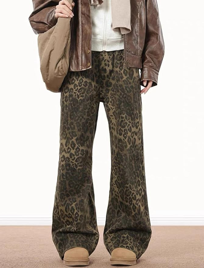 Aelfric Eden Leopard Print Jeans for Women Y2K Leopard Pants Vintage Streetwear Jeans Straight Le... | Amazon (US)