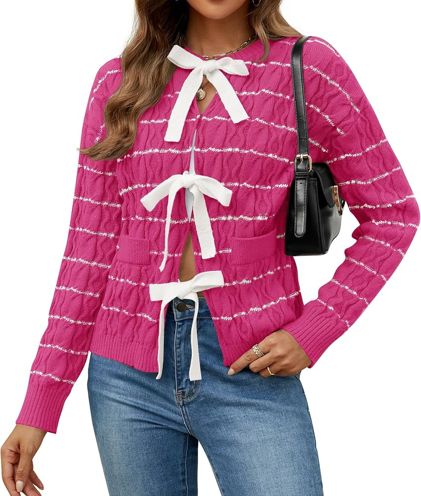 ZESICA Women's Long Sleeve Open Front Cardigan Sweater 2024 Fall Winter Striped Tie Front Loose C... | Amazon (US)