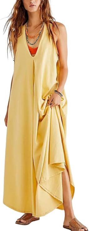 HOULENGS Women's Deep V Neck Cotton Linen Maxi Dress Casual Sleeveless Long Sundress with Pockets | Amazon (US)