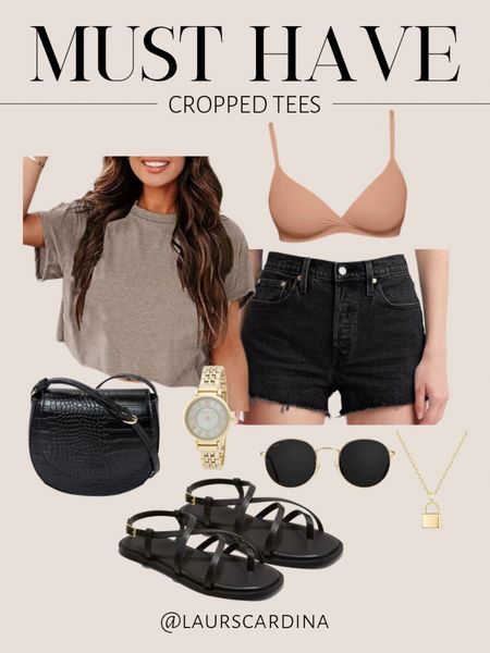 This outfit idea pairs a must have cropped tee (comes in several colors), black denim shorts, a nude bralette, black saddle crossbody bag, a gold watch, gold rimmed sunglasses, a gold locket necklace, and strappy black sandals. 

Ootd, Amazon fashion, summer outfit, spring outfit, casual outfit idea

#LTKfindsunder50 #LTKstyletip #LTKshoecrush