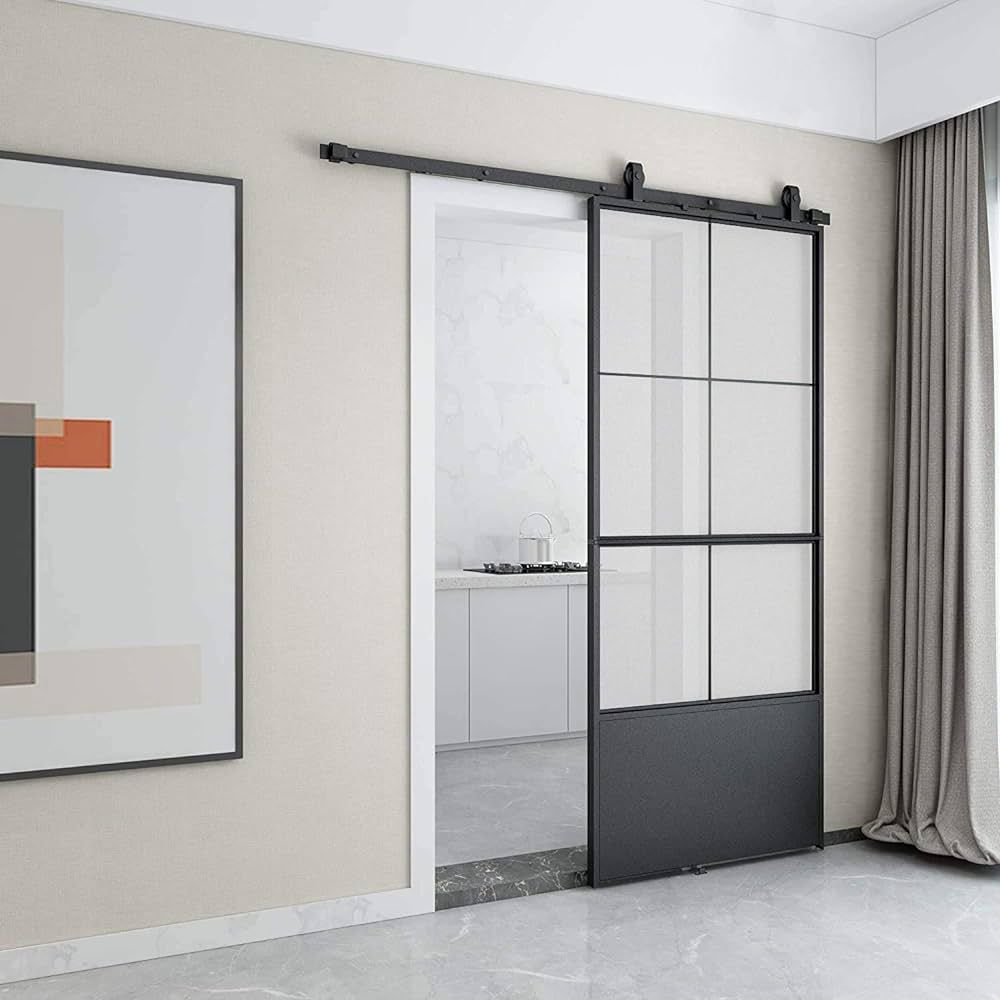 JUBEST 36in x 84in Glass Sliding Barn Door, Modern French Door, Paneled Frosted Glass Carbon Stee... | Amazon (US)