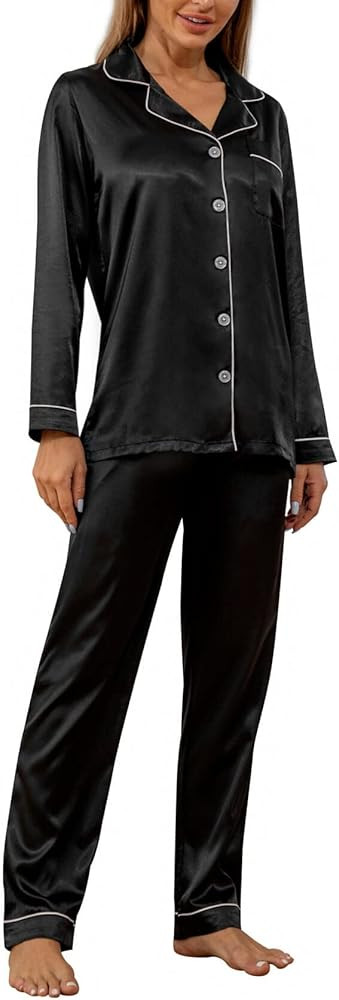 YIMANIE Pajamas for Women Silk Satin Pajama Sets for Women Soft Womens Loungewear Set Black at Am... | Amazon (US)