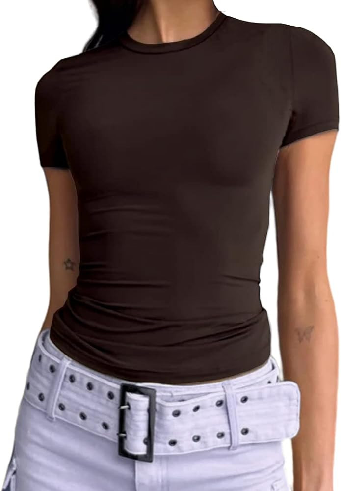 Dwnval Womens Sexy Basic T Shirts Summer Short Sleeve Crewneck Slim Fit Cute Crop Tops | Amazon (US)