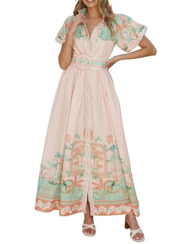 Lurenhua Womens Floral Print Puff Sleeve Maxi Dress V-Neck Button Down Short Sleeve Dress(0019-Pi... | Amazon (US)