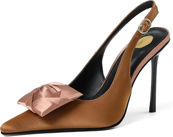 Satin Slingback Pumps Women Floral Knot Pointed Toe Stiletto Heels | Amazon (US)