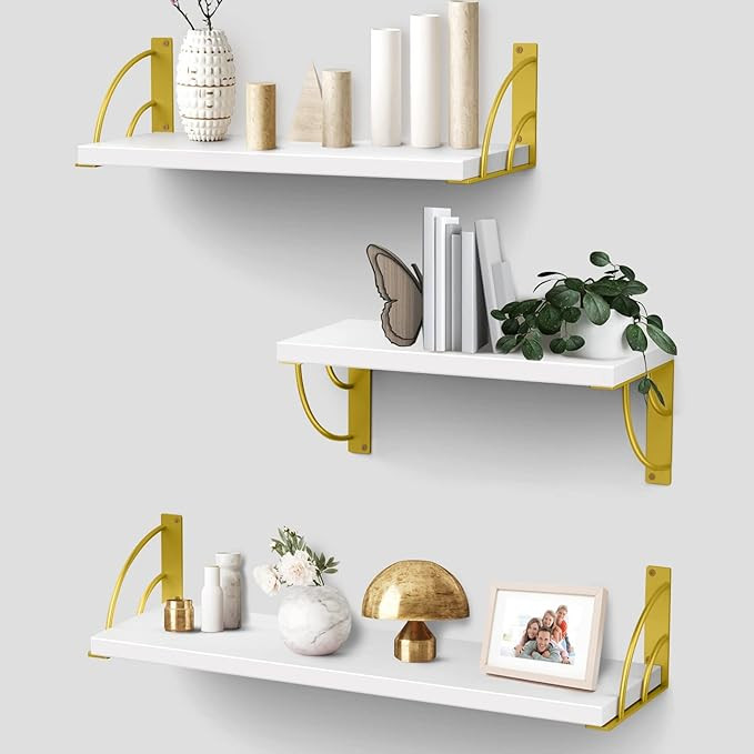 Floating Shelves for Wall,Wall Shelves with Yellow Golden Metal Brackets-White Shelves Set of 3 f... | Amazon (US)