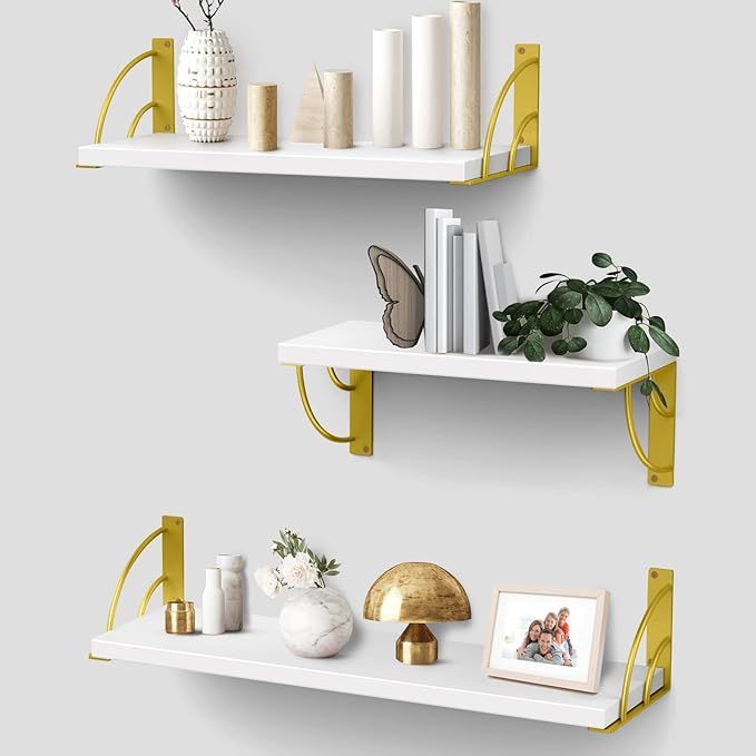 Floating Shelves for Wall,Wall Shelves with Yellow Golden Metal Brackets-White Shelves Set of 3 f... | Amazon (US)