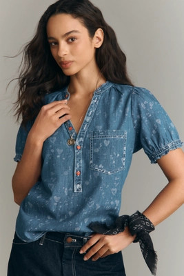 The Aly Denim Puff-Sleeve Heart Blouse by Pilcro | Anthropologie (US)