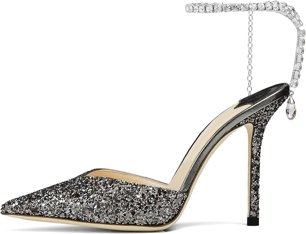 BlingQueen Women's Heeled Sandals Crystal Chain Rhinestone Embellished Strap Pumps Pointy Stilett... | Amazon (CA)