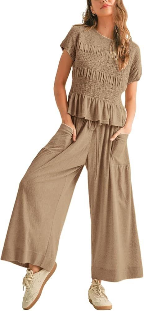 Womens 2 Piece Smocked Top Wide-Leg Pants Set High-Waisted Lounge Outfit with Pockets Casual Boho... | Amazon (US)