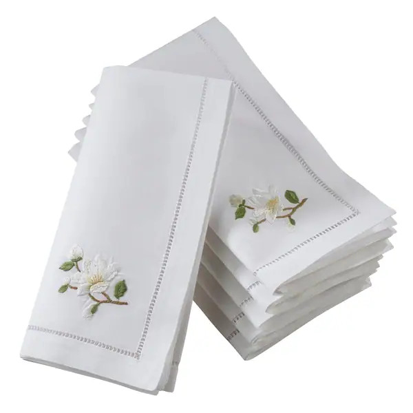Hemstitch Cotton Napkins With Magnolia Embroidery (Set of 6) | Bed Bath & Beyond