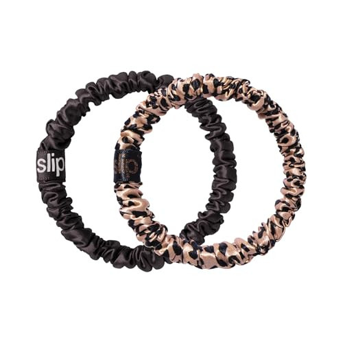 slip Skinny Scrunchies: Elevate Your Hair Game with Anti-Crease, Anti-Breakage Design, Crafted from Slipsilk™, Cindy: 2 Pure Silk Skinny Scrunchies in Black & Rose Gold Leopard | Amazon (US)