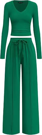 PRETTYGARDEN Women's 2 Piece Lounge Sets Matching Clothing | V Neck Long Sleeve Tops, Wide Leg Pa... | Amazon (US)
