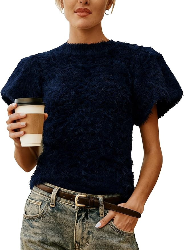 Women's Fuzzy Knit Puff Sleeve Sweater Crew Neck Short Sleeve Cropped Pullover Top Casual Vintage... | Amazon (US)