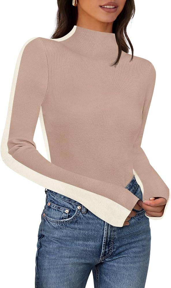MEROKEETY Women's 2024 Fall Mock Neck Lightweight Pullover Sweater Fitted Ribbed Long Sleeve Colo... | Amazon (US)