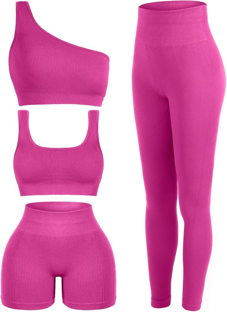 4 Pcs Women's Workout Sets Pilates Exercise Outfit Ribbed Scoop Neck Sports Bra Shorts Leggings G... | Amazon (US)