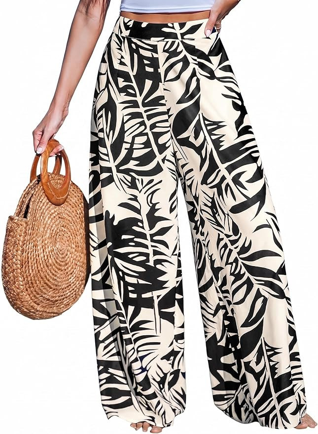 CUPSHE Women Pants Tropical Floral Wide Leg Pants Coverup Fit Casual Dressy Black L at Amazon Wom... | Amazon (US)
