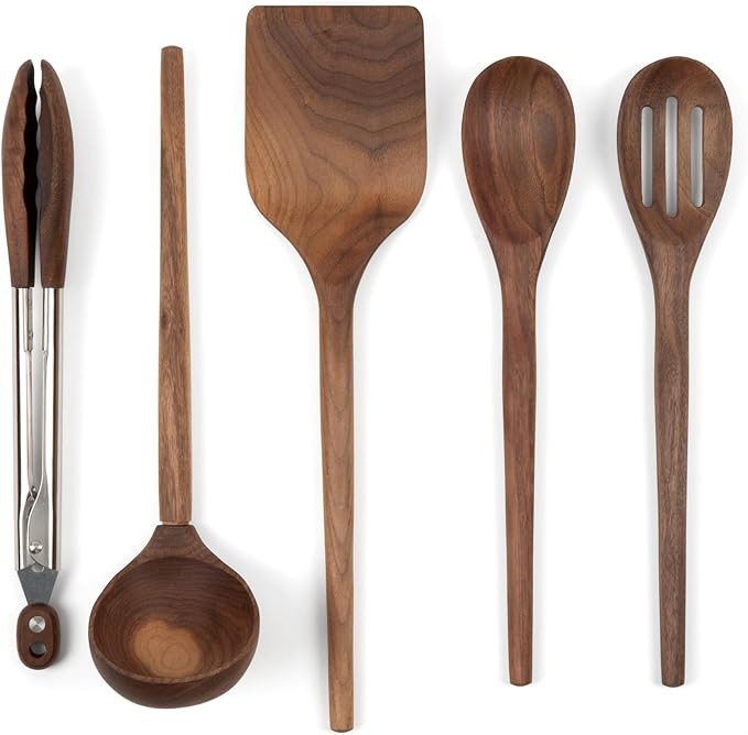 Salt & York 5-piece Walnut Wooden Kitchen Utensil Set - Includes Turner, Tongs, Slotted Spoon, La... | Amazon (US)