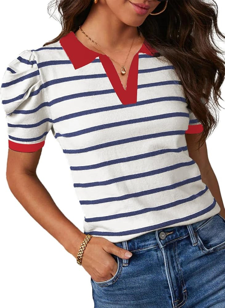 Dokotoo Womens Puff Short Sleeve Shirts Trendy V Neck Dressy Casual Knit Tops Stripes Collared T ... | Amazon (US)