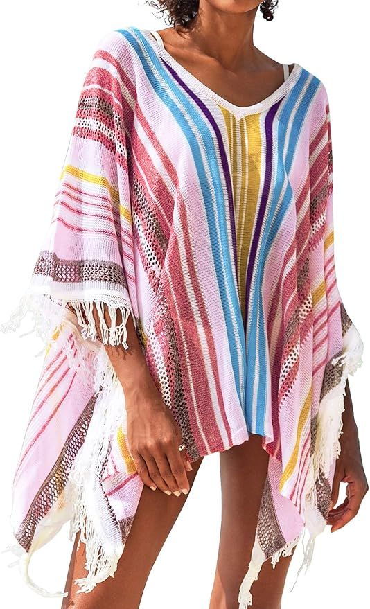 CUPSHE Women's Cover Up Colorful Stripe Tassels V Neck Swimsuit | Amazon (US)