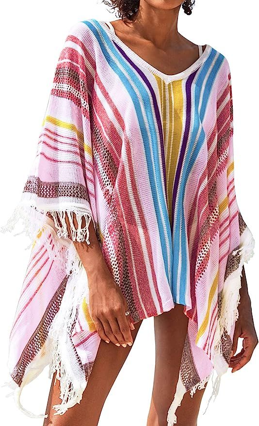 CUPSHE Women's Cover Up Colorful Stripe Tassels V Neck Swimsuit | Amazon (US)