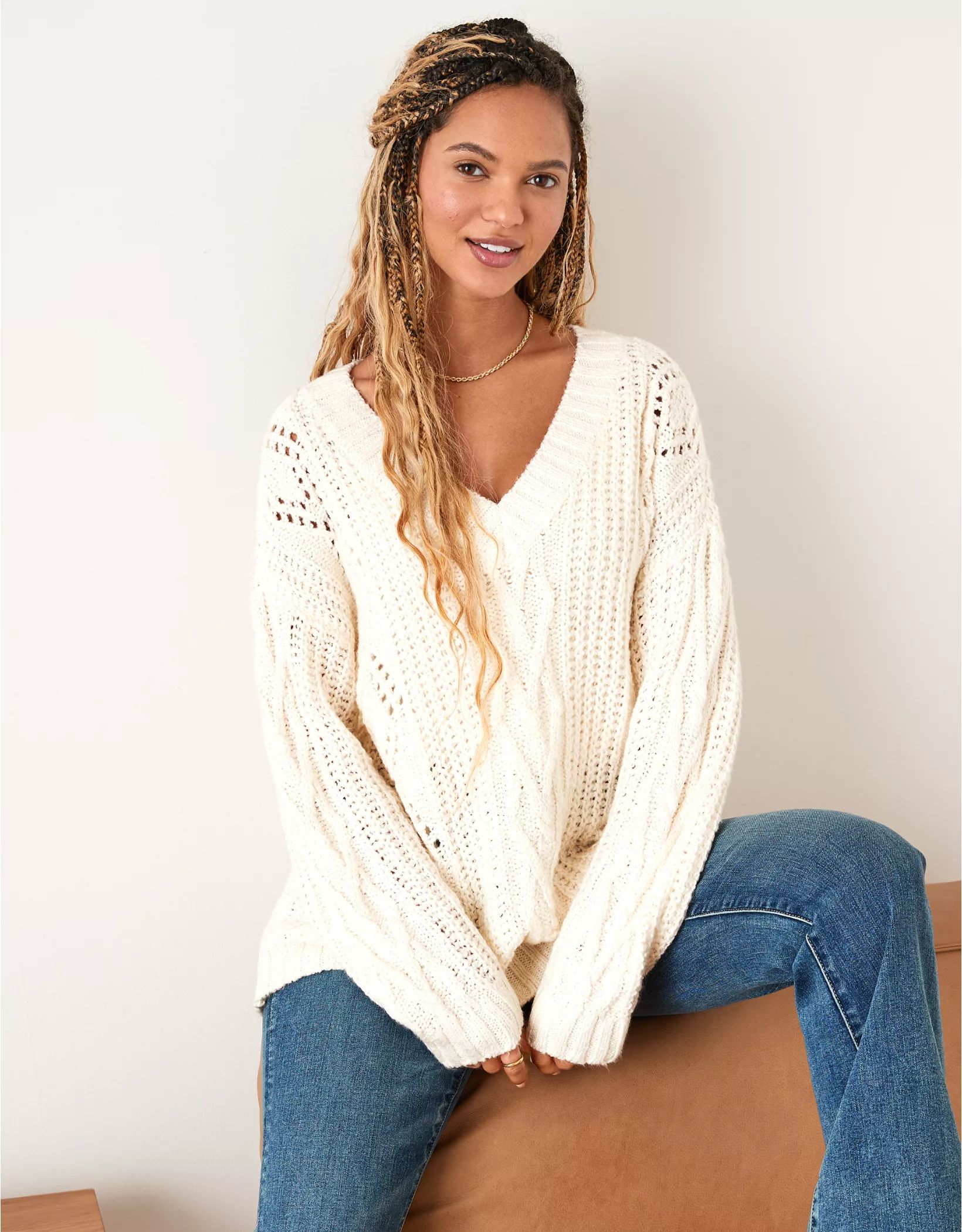 AE Oversized V-Neck Cable Knit Sweater | American Eagle Outfitters (US & CA)