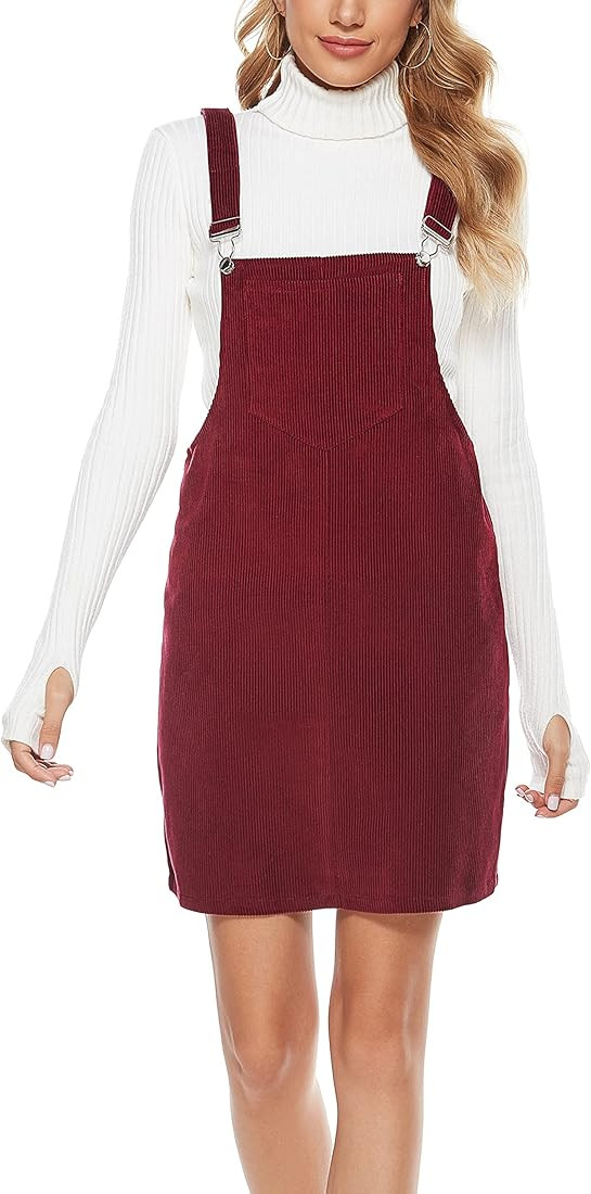 Yeokou Womens Casual Corduroy Bib Knee Length Overalls Pinafore Midi Dress Jumpsuit | Amazon (US)