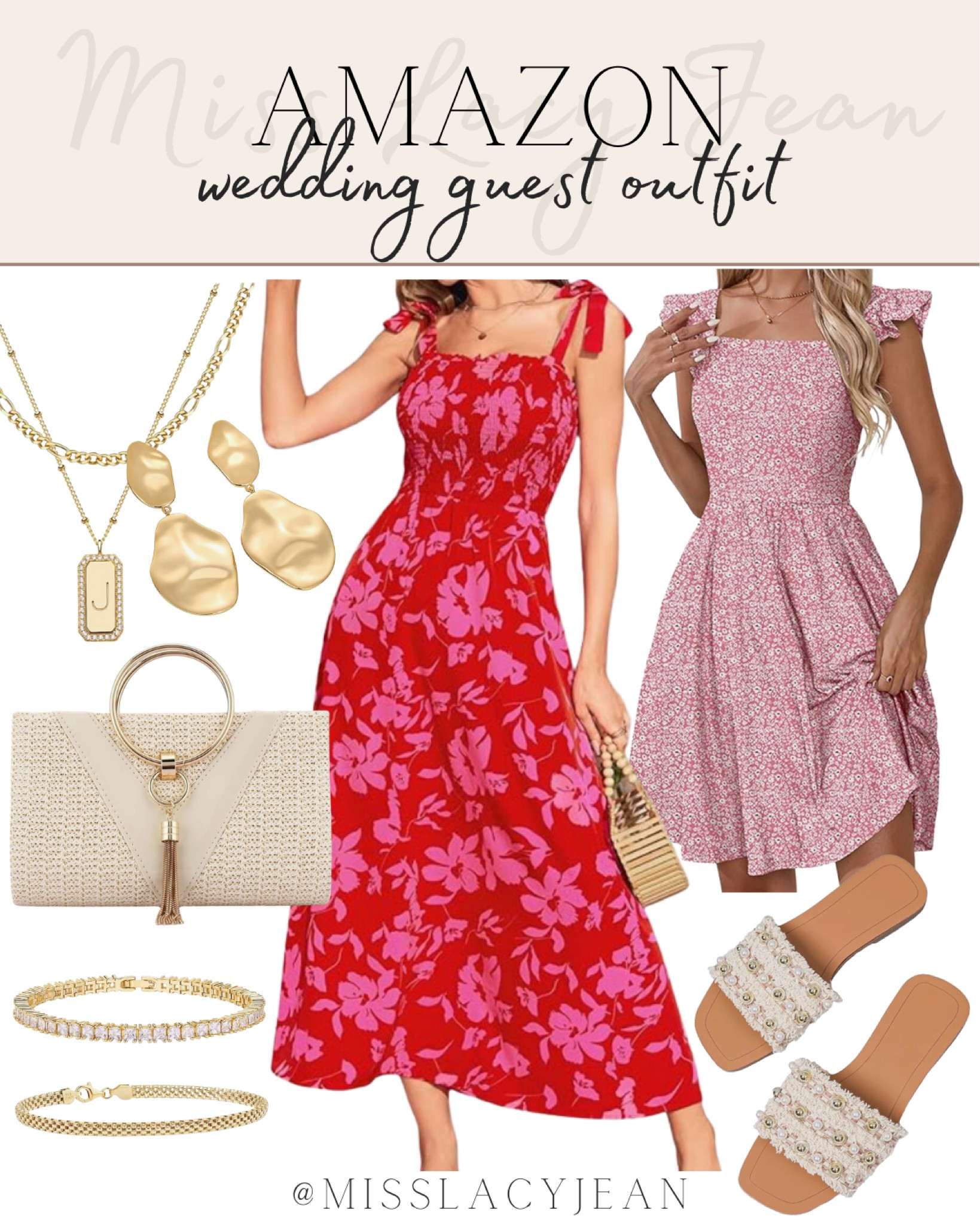 Summer wedding guest outfit includes summer dress, slide sandals, handbag, bracelets, necklace, and earrings.

Wedding guest dress, Amazon finds, summer dress

#LTKFindsUnder100 #LTKStyleTip #LTKWedding