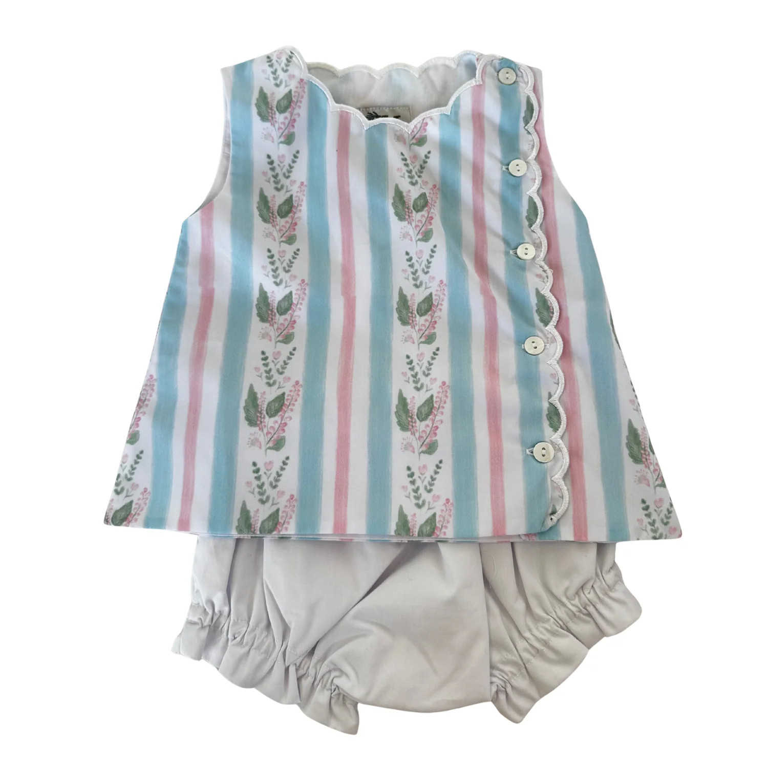 Girls Blue Floral Stripes Scallop Diaper Set | Hamner Hill