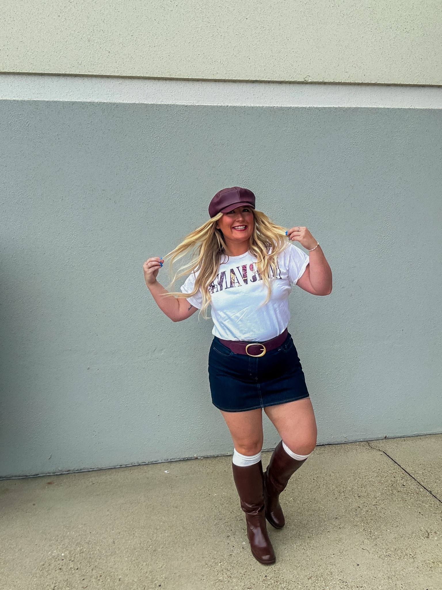 Fall OOTD! 
Top - buckle 
Skirt - old navy 
Boots - Amazon - wide calf friendly (I’m a 16.5 in) 
Hat - free people 

#LTKSeasonal #LTKShoeCrush #LTKStyleTip