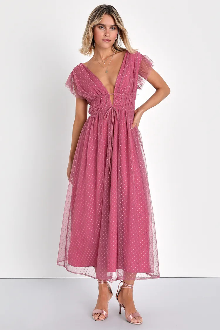 Yours Evermore Mauve Swiss Dot Ruffled Midi Dress | Lulus