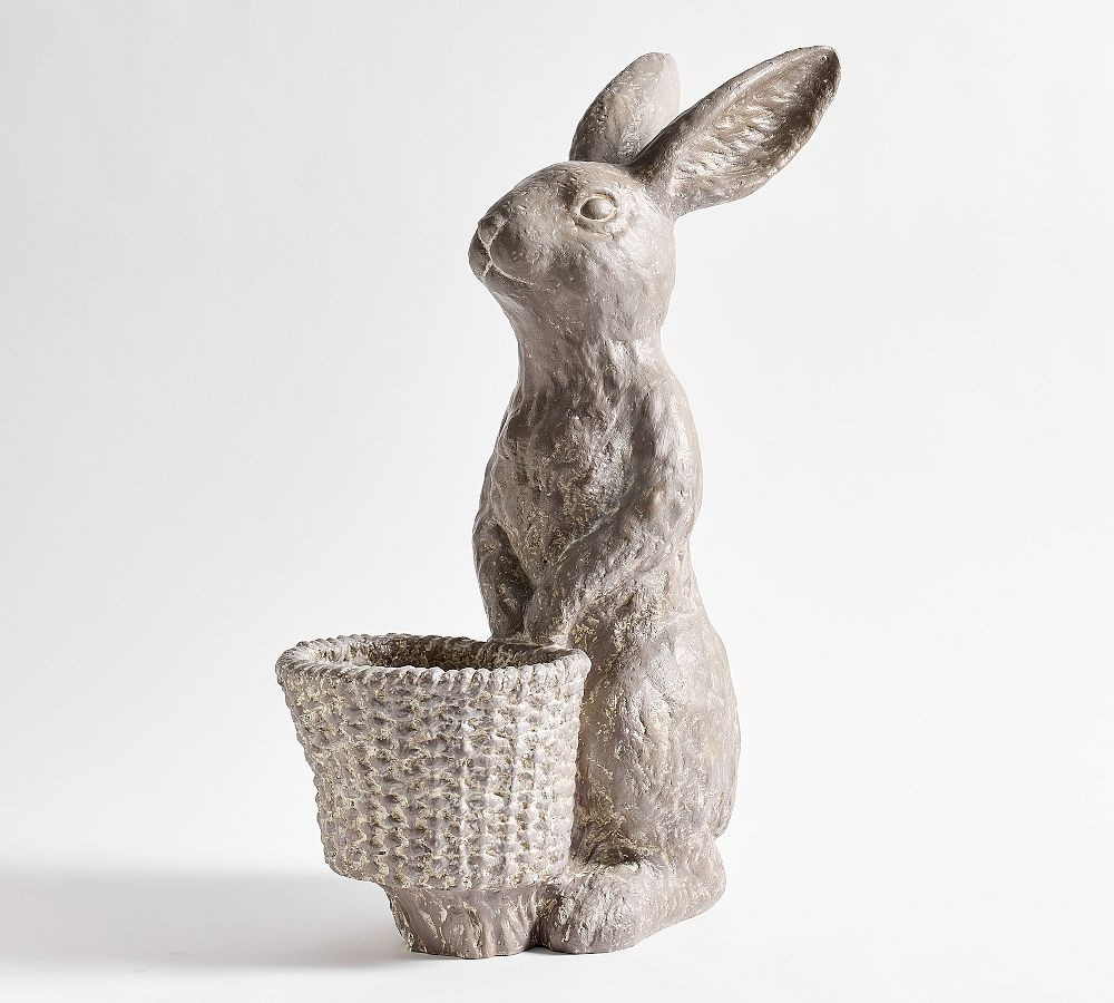 Rustic Bunny Planter with Basket - Grey | Pottery Barn (US)