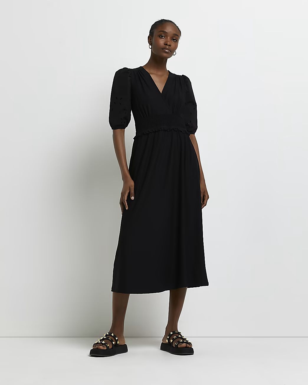 Black broiderie smock midi dress | River Island (UK & IE)