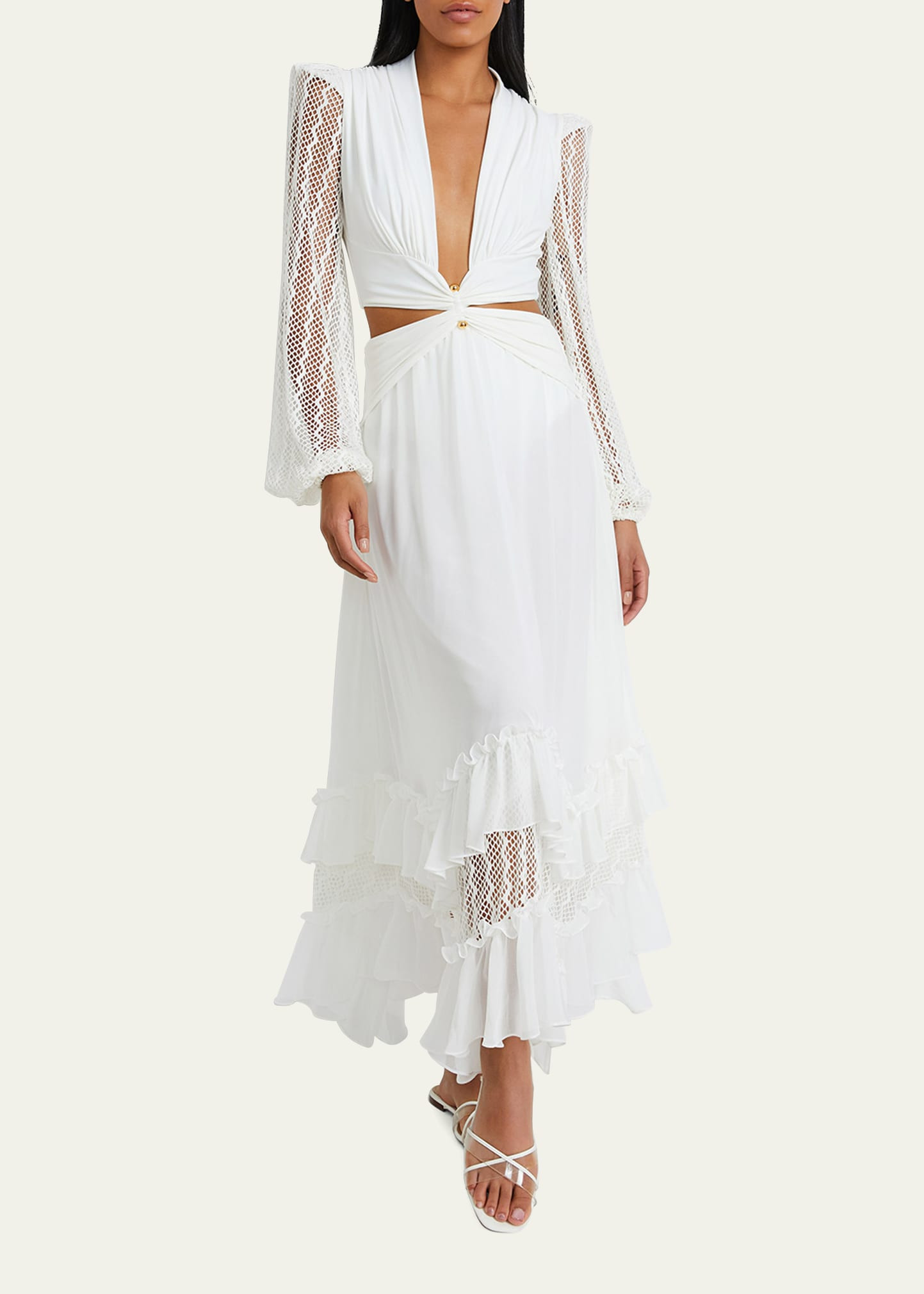 PatBO Plunge Lace-Sleeve Cutout Maxi Dress | Bergdorf Goodman
