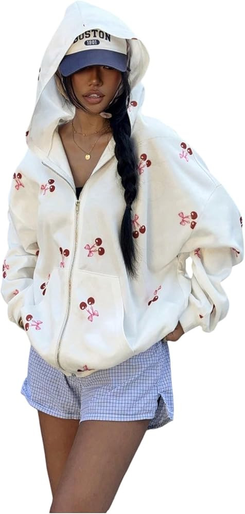 OYOANGLE Women's Zip Up Hoodies Y2K Cherry Print Long Sleeve Oversized Hooded Sweatshirts | Amazon (US)