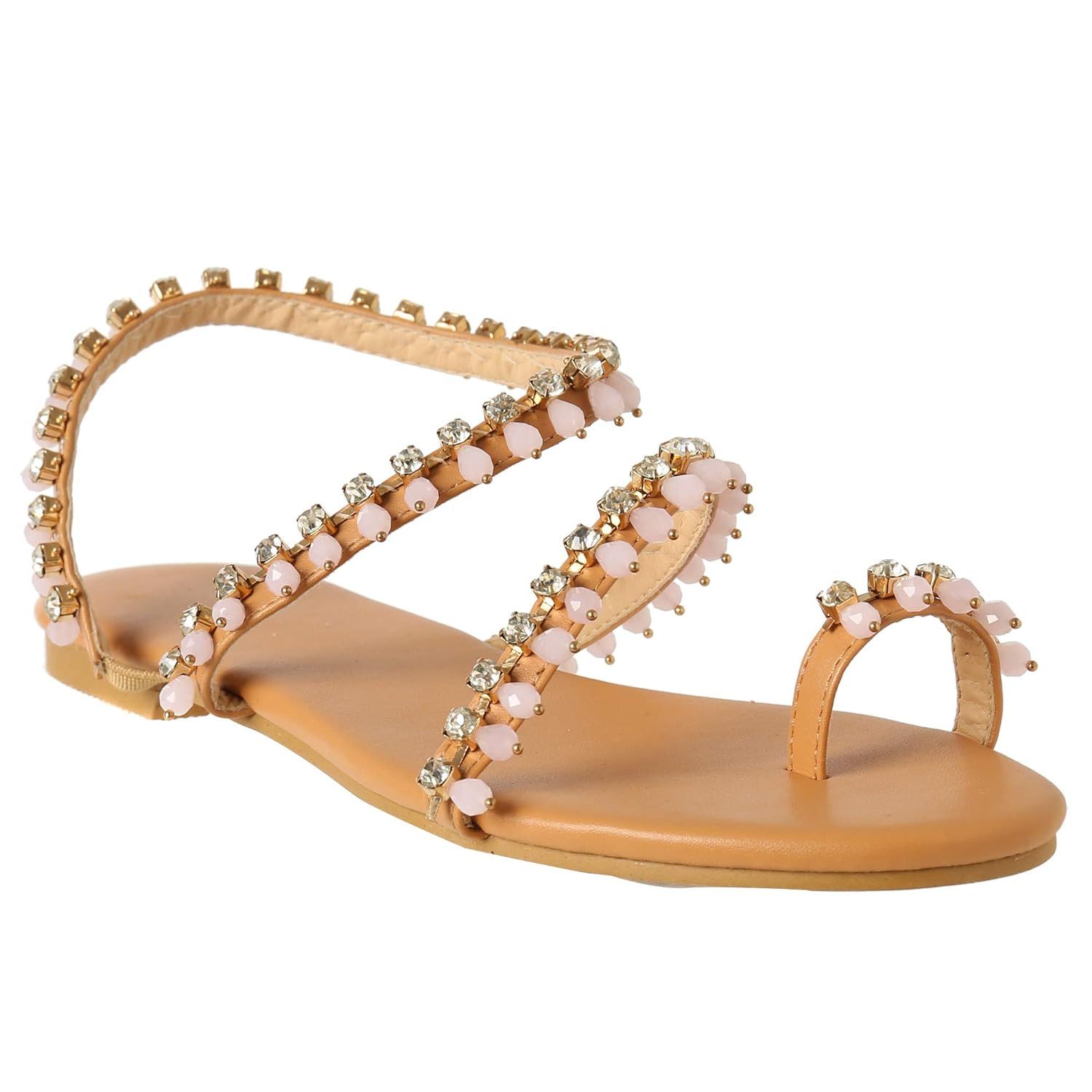 Shoe'N Tale Women Bling Rhinestone Pearl Flat Gladiator Sandals Toe Ring Dress Shoes | Amazon (US)