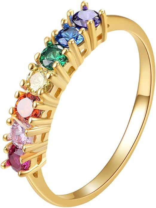 E 14K Gold Women Rings Rainbow Eternity Thumb Rings Band Wedding Rings Round AAA Cubic Zirconia C... | Amazon (US)