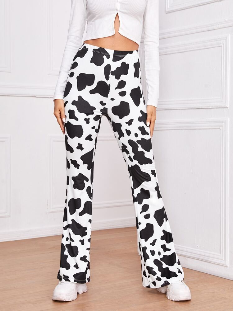 SHEIN Cow Print High-Rise Flare Pants | SHEIN