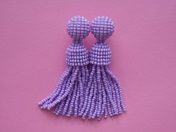 short lilac violet Oscar de la Rentа clip on earrings, Long beaded tassel clips,SILVER stud 925, rou | Etsy (US)
