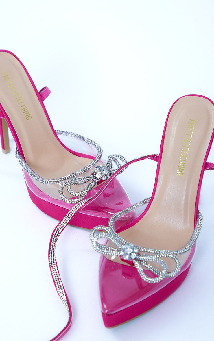 Pink Satin Point Toe Rhinestone Bow Detail High Stiletto Heeled Sandals | PrettyLittleThing US