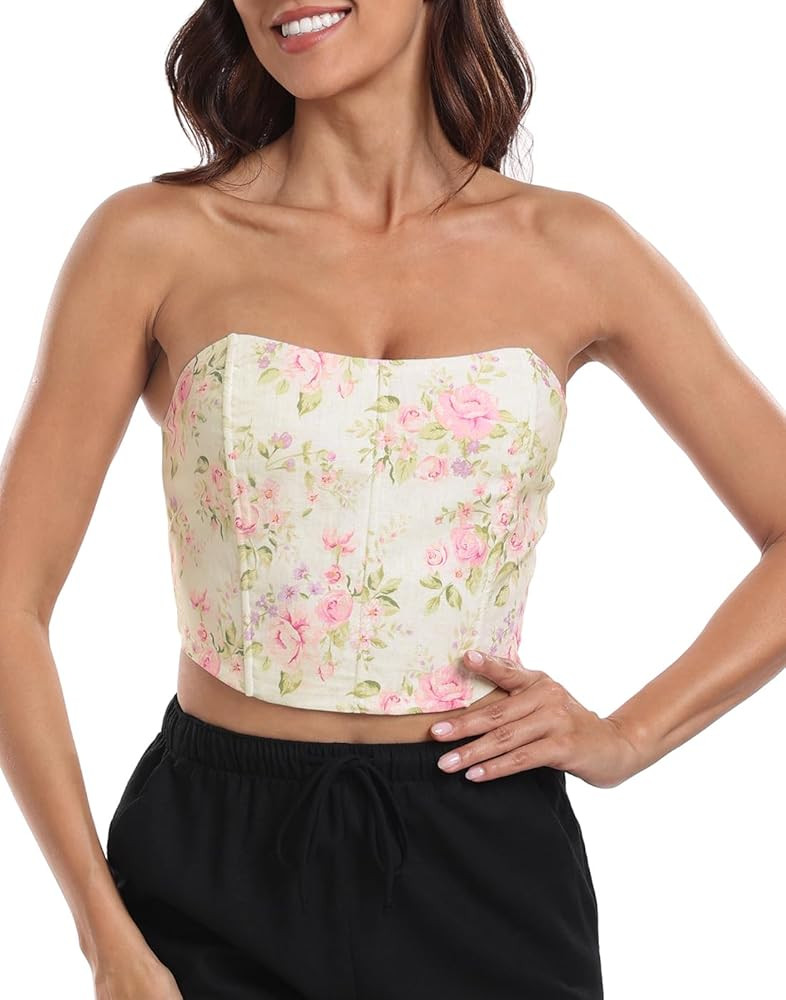 HDE Women's Strapless Linen Corset Y2K Crop Top Bustier Body Shaper Bandeau Top | Amazon (US)