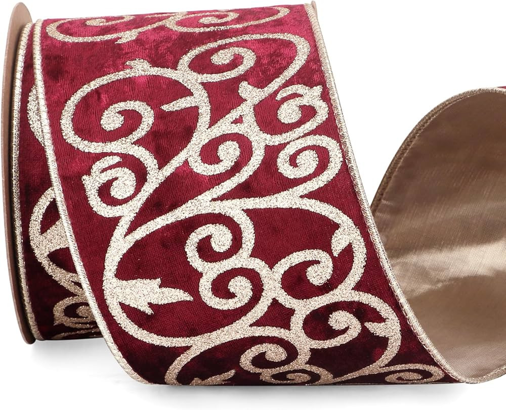 Ribbli Burgundy Velvet Ribbon Wired with Glitter Swirl 4 Inch Christmas Ribbon for Christmas Tree... | Amazon (US)