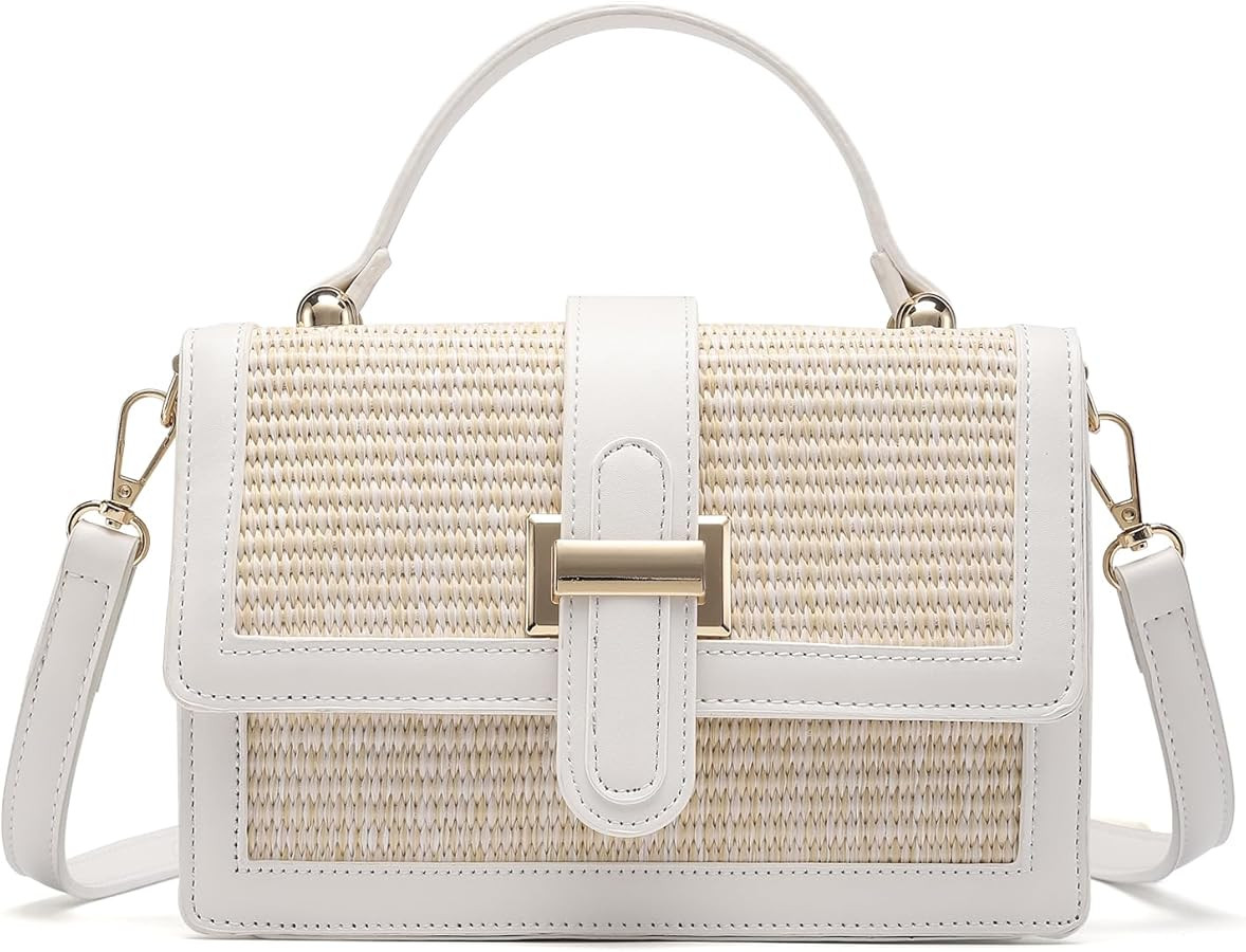 Straw Crossbody Bag, Vegan Leather Patchwork Summer Purse with Top Handle, Small Woven Bag for Be... | Amazon (US)