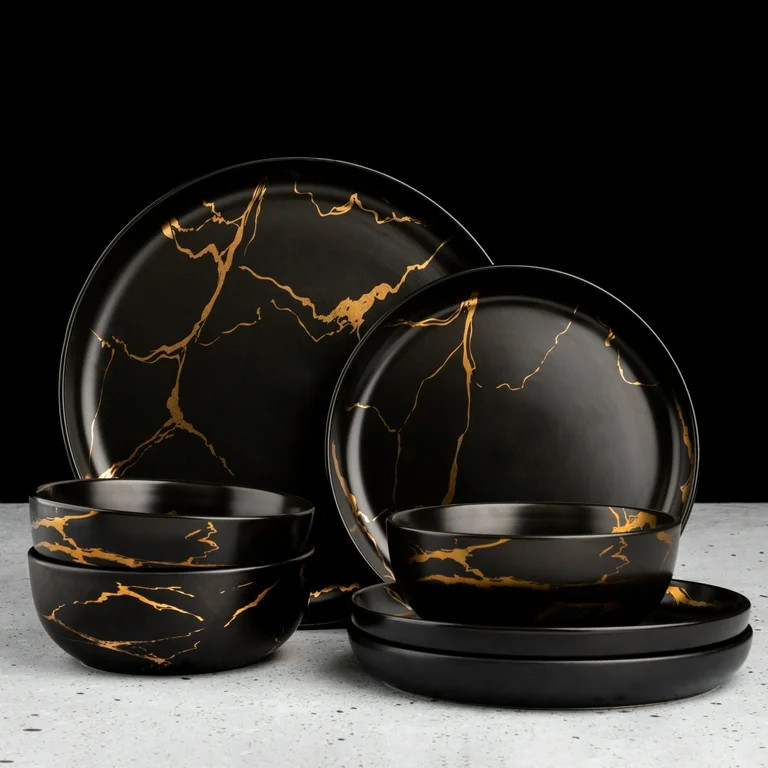 Thyme & Table 12 Piece Dinnerware Set, Black Marble | Walmart (US)