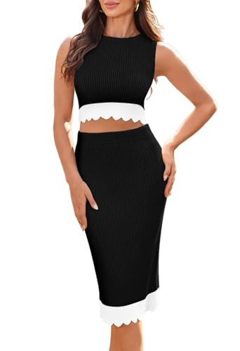 Pink Queen 2 Piece Skirt Sets for Women Knit Bodycon Crop Tank Top and Skirt Dress Summer Outfit Black S | Amazon (US)