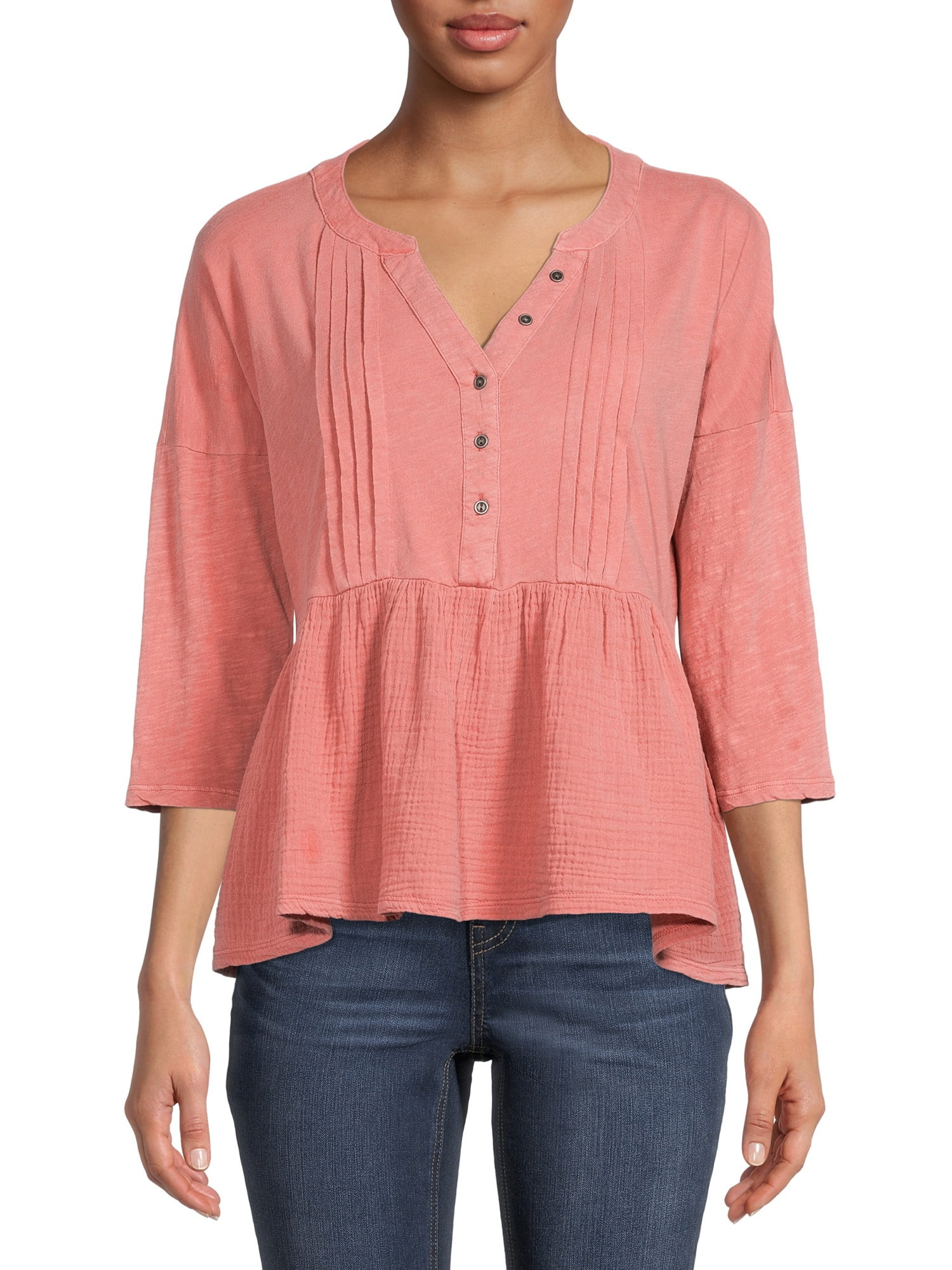 Time and Tru Women's 3/4 Sleeve Mixed Media Peplum Top | Walmart (US)