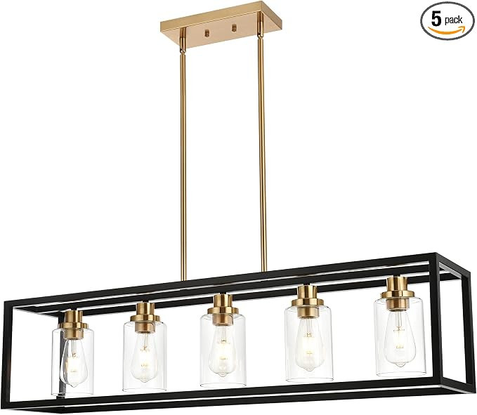MELUCEE Black Chandeliers Rectangle 5 Lights Dining Room Lighting Fixtures Hanging Over Table, Ki... | Amazon (US)