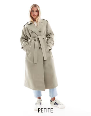 Vero Moda Petite longline belted trench coat in laurel oak | ASOS (Global)