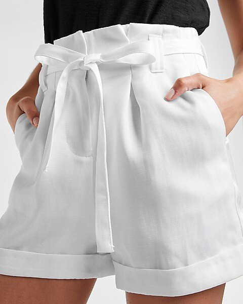Super High Waisted Belted Linen-Blend Cuffed Shorts | Express