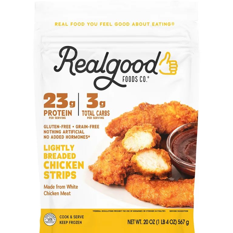 Realgood Foods Co. Lightly Breaded Chicken Breast Strips, Gluten-Free, 20 oz Regular Bag (Frozen) | Walmart (US)